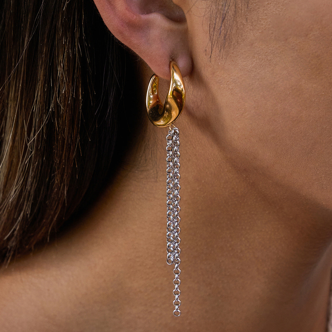 Two-tone titanium steel tassel earrings