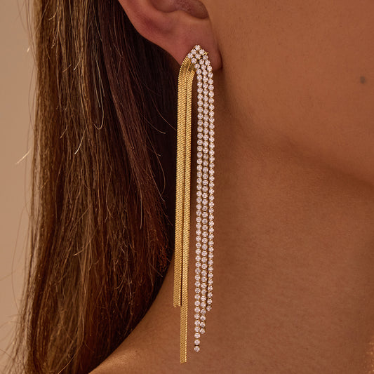 Cubic zircon tassel two-tone earrings