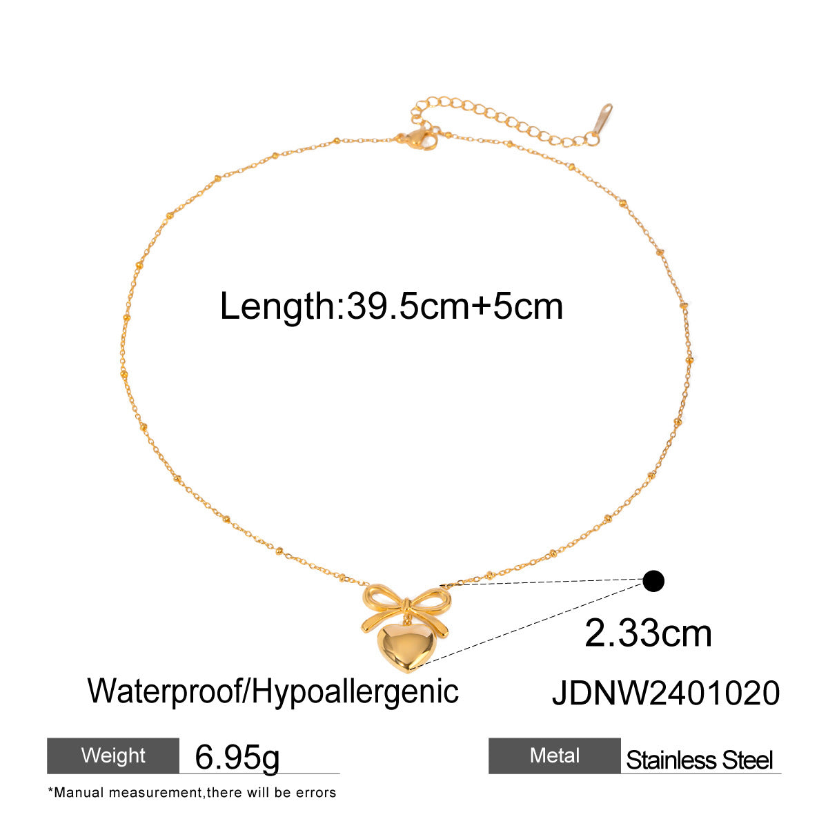 Stainless steel 18k gold-plated bow and heart necklace