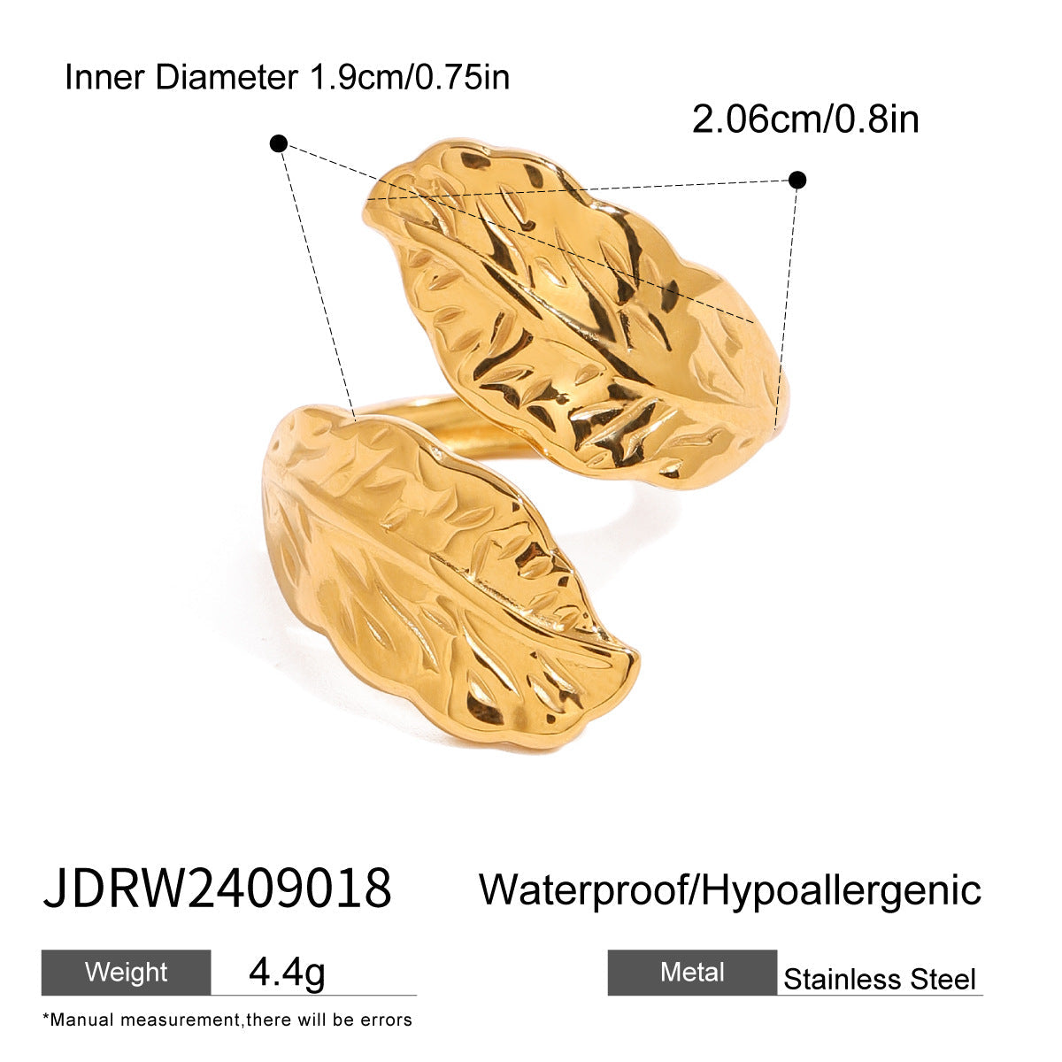 Stainless steel 18k gold-plated leaf-shaped ring