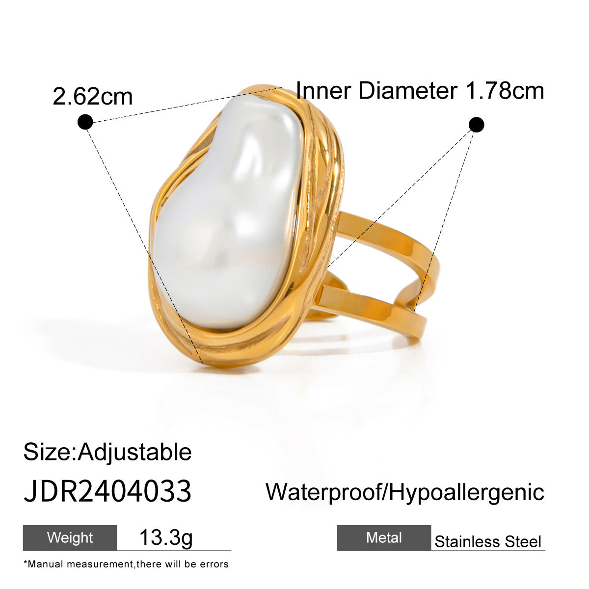 Stainless steel 18k gold-plated pearl ring