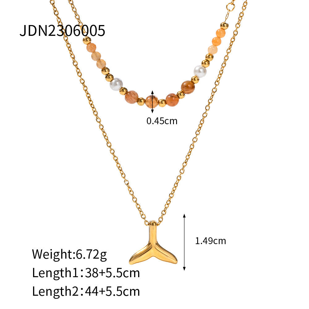 Stainless steel 18k gold-plated double-layered fish tail pendant necklace