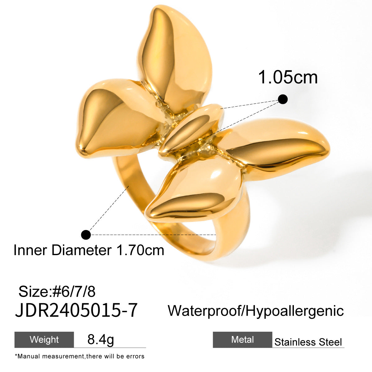 Stainless steel 18k gold-plated bow tie ring