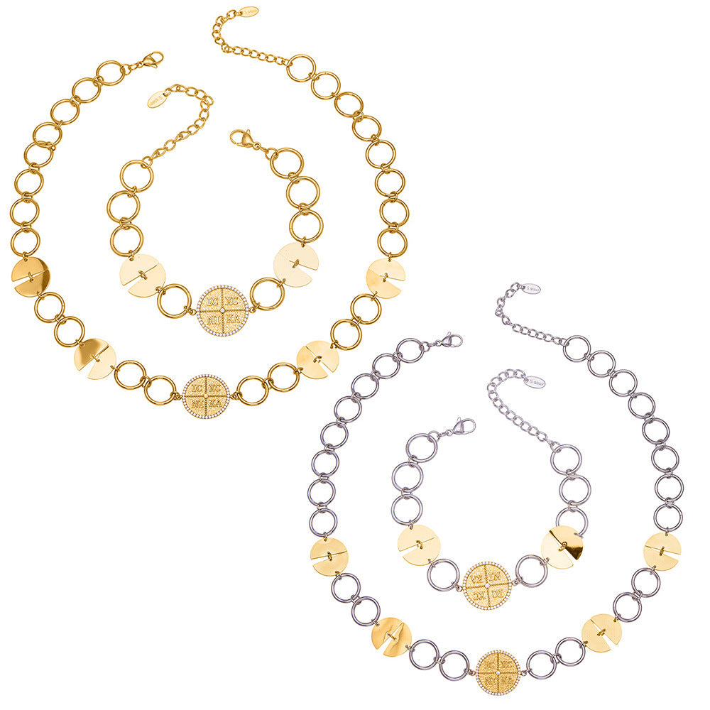 Stainless steel cz letter spliced circle chain jewelry set