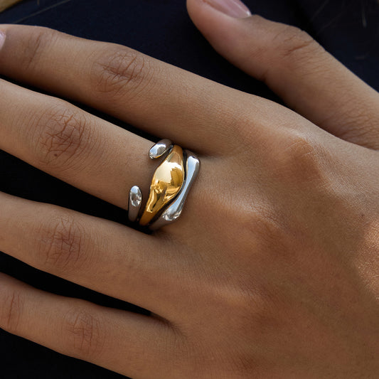 Layered two-tone titanium steel ring