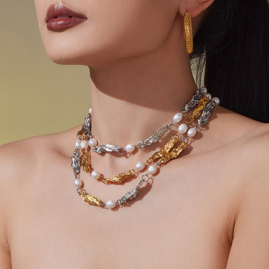 Two-tone baroque freshwater pearl stainless steel jewelry set