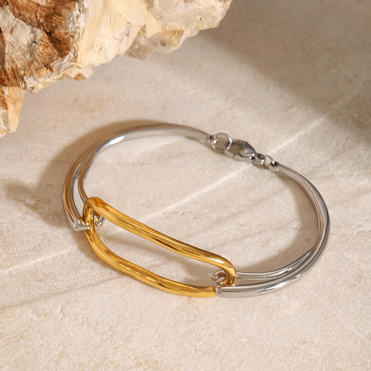 18K gold plated two-tone stainless steel geometric bangle