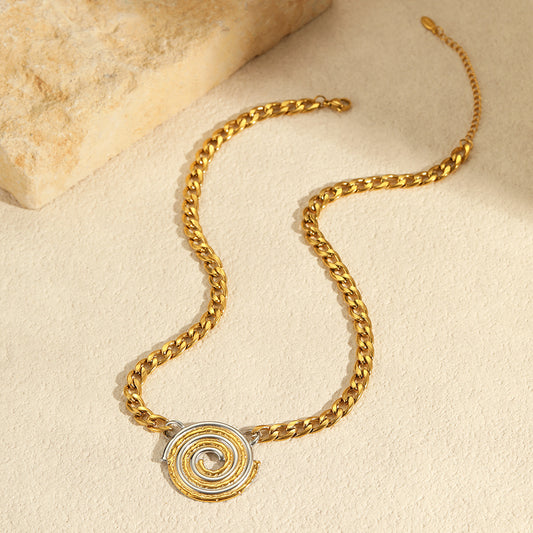 Two-tone textured disc pendant stainless steel necklace