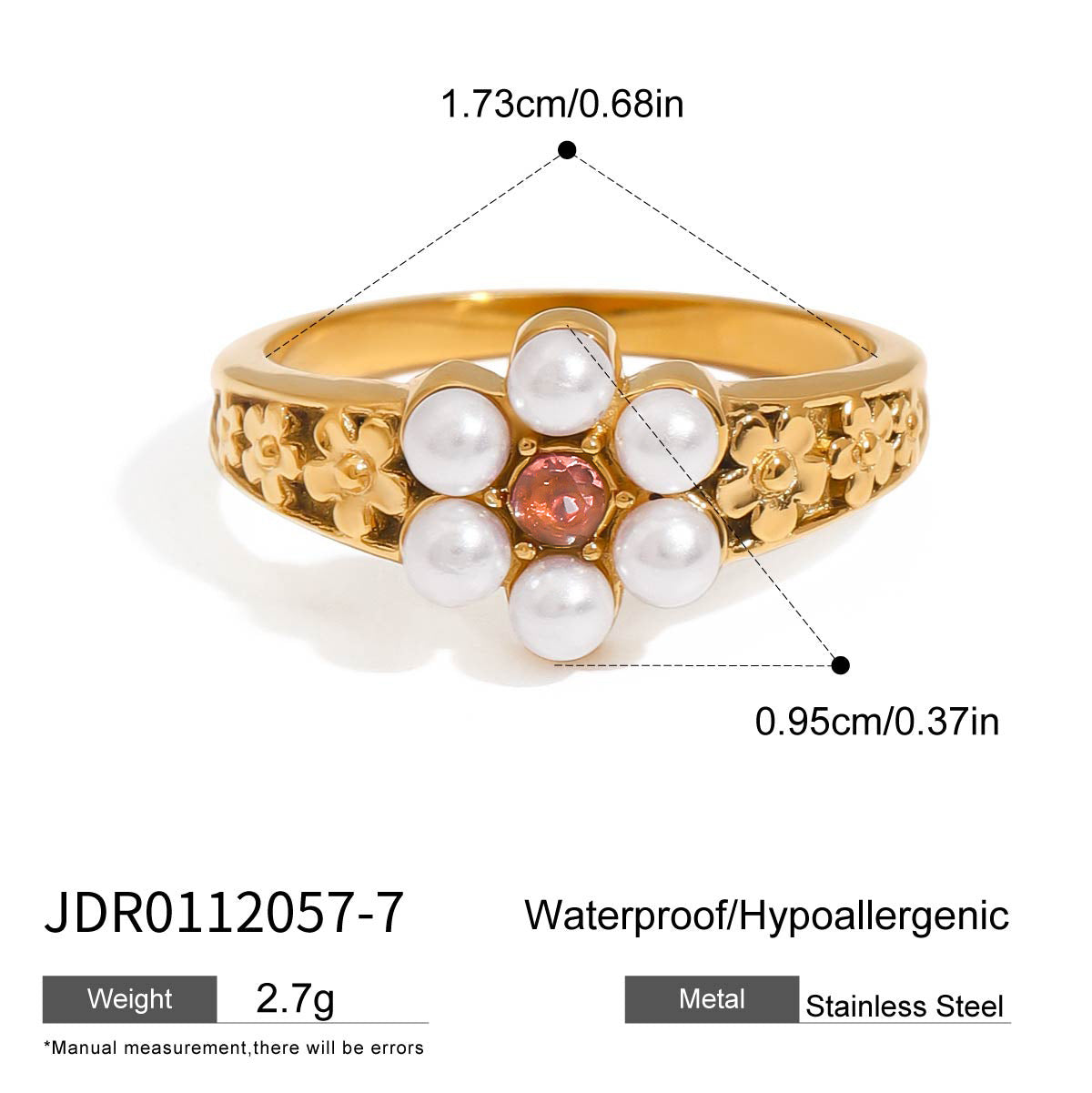 Stainless steel 18k gold-plated pearl flower ring