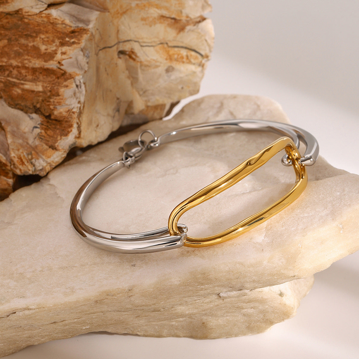 18K gold plated two-tone stainless steel geometric bangle