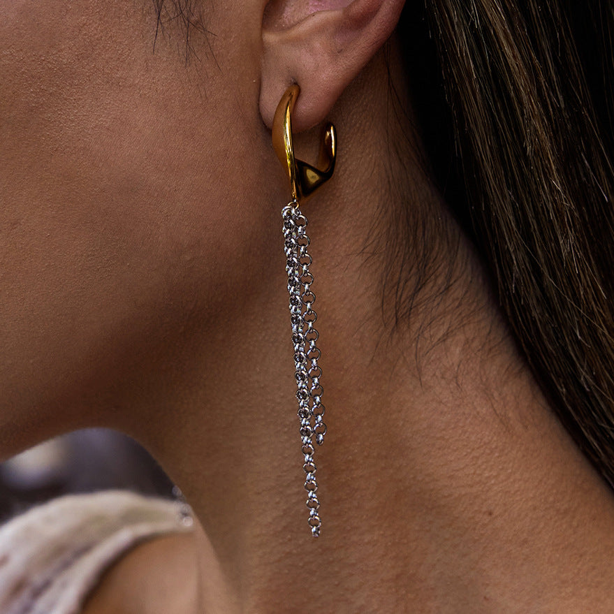 Two-tone titanium steel tassel earrings