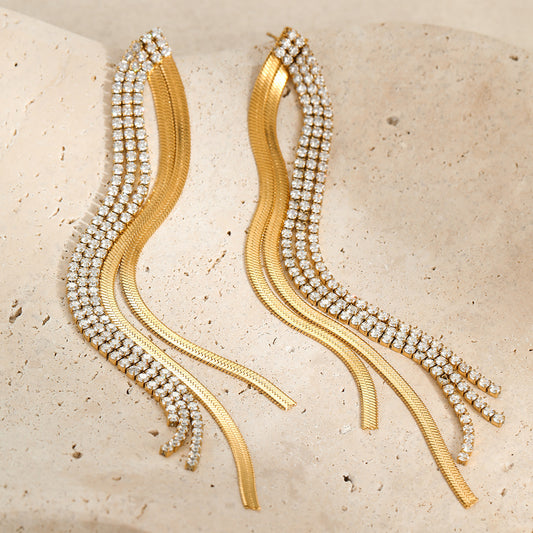 Cubic zircon tassel two-tone earrings