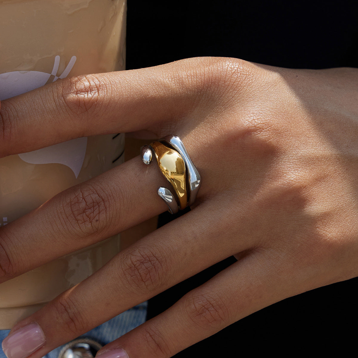 Layered two-tone titanium steel ring