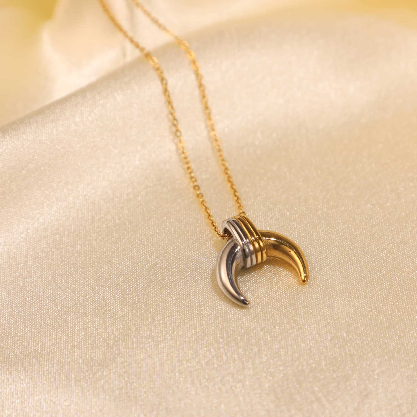 18K gold plated two-tone stainless steel moon necklace