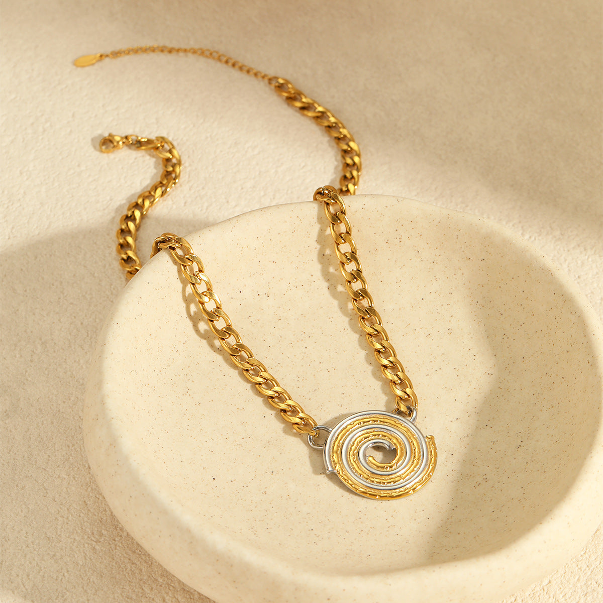 Two-tone textured disc pendant stainless steel necklace