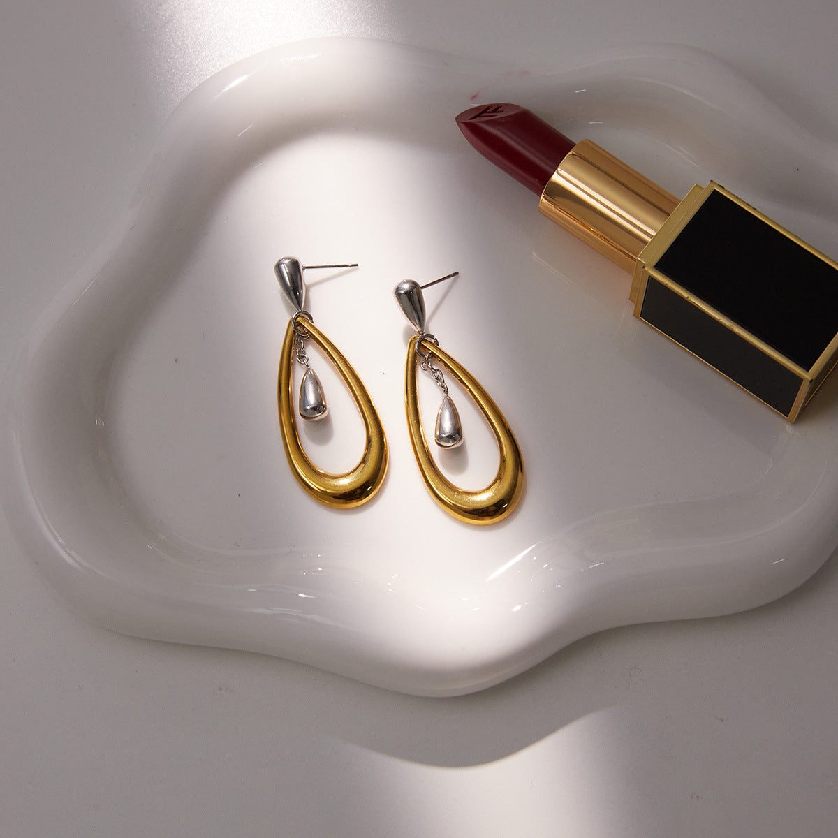 Two-tone stainless steel teardrop earrings