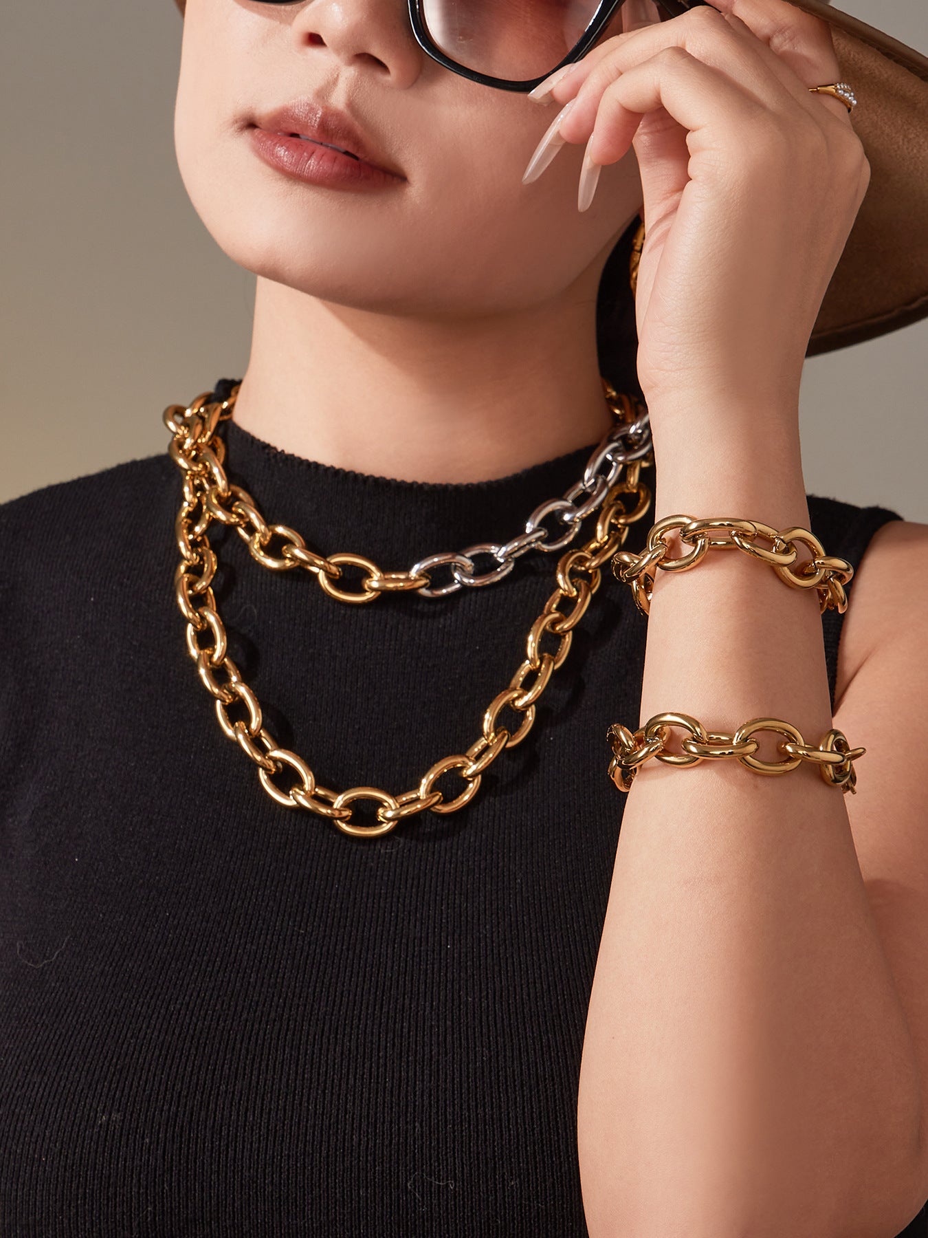 Two-tone stainless steel Cuban chain jewelry set