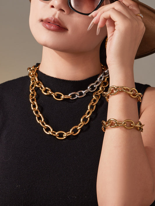 Two-tone stainless steel Cuban chain jewelry set