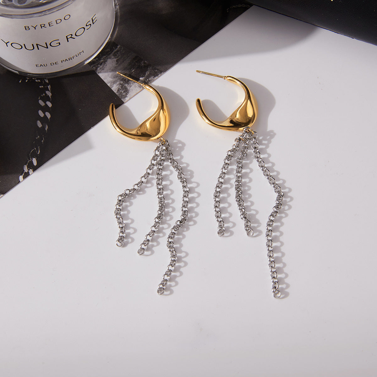Two-tone titanium steel tassel earrings