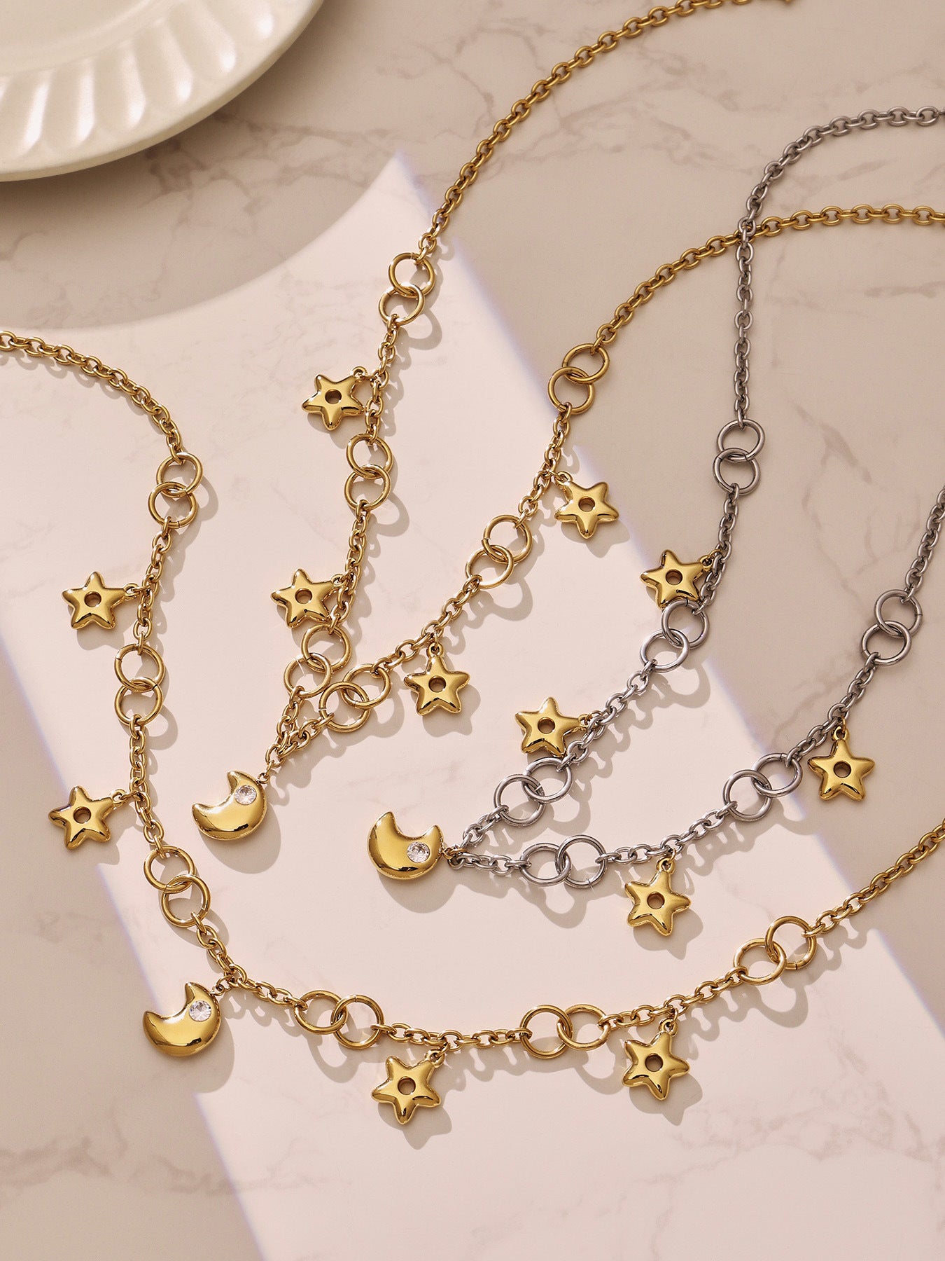 Two-tone cubic zirconia pendant stainless steel jewelry set