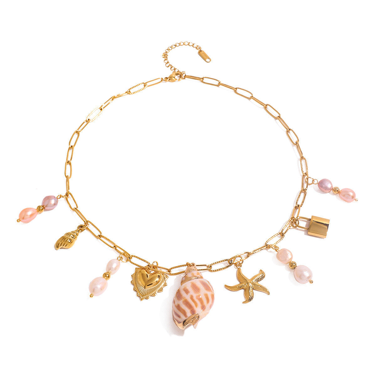 Stainless steel 18k gold-plated heart pearl ocean style necklace