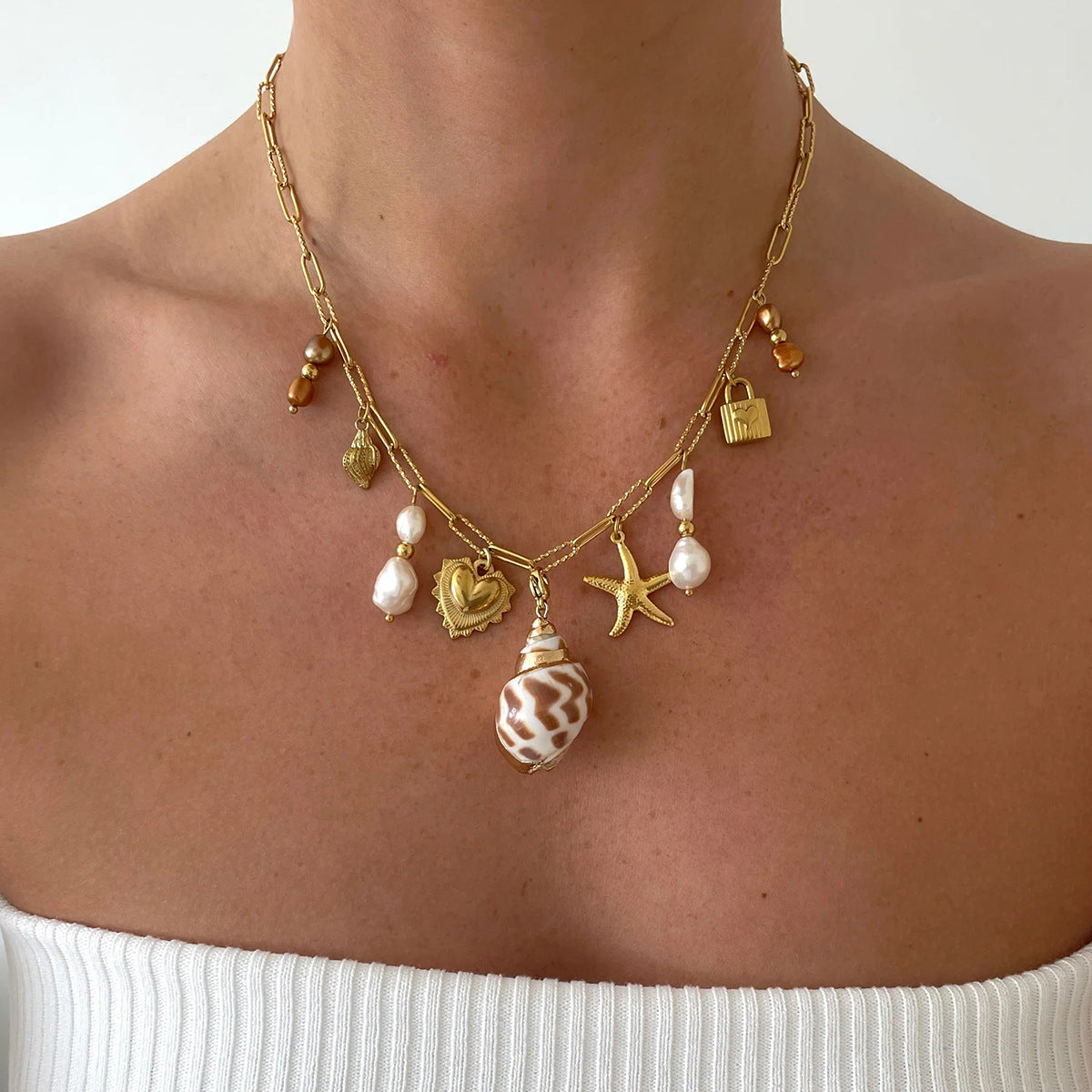 Stainless steel 18k gold-plated heart pearl ocean style necklace