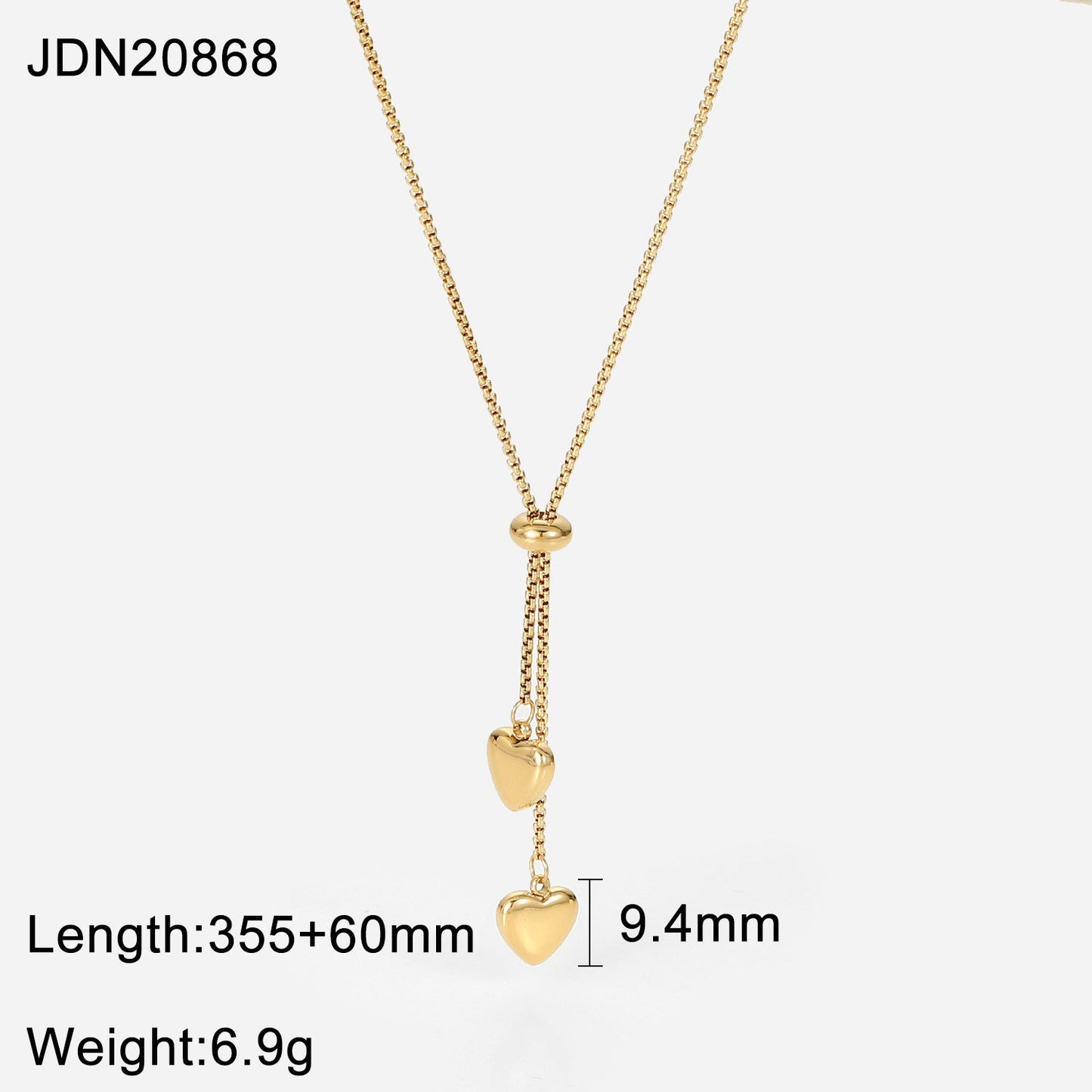 Stainless steel 14k gold-plated Y-shaped double-heart necklace