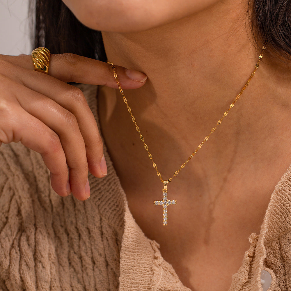 Stainless steel 18k gold-plated white zircon cross necklace
