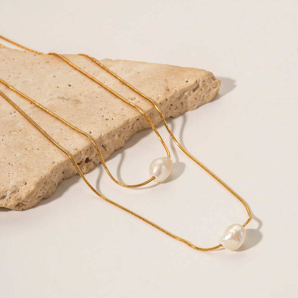 Stainless steel 18k gold-plated double-strand pearl necklace