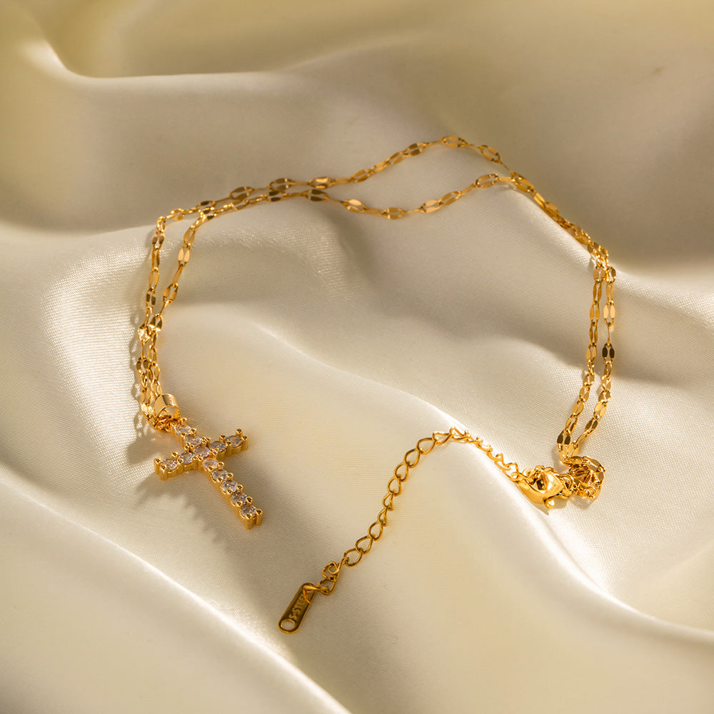 Stainless steel 18k gold-plated white zircon cross necklace