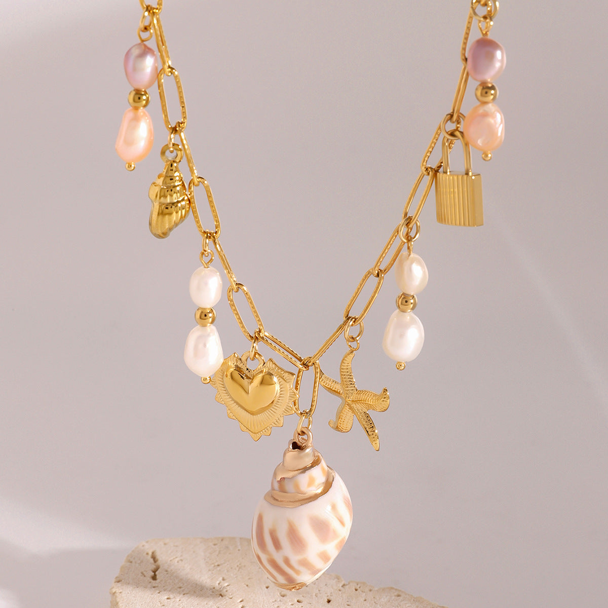 Stainless steel 18k gold-plated heart pearl ocean style necklace