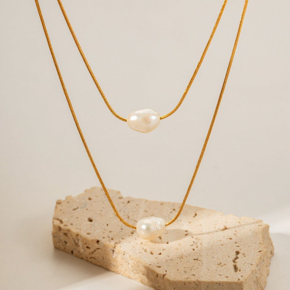 Stainless steel 18k gold-plated double-strand pearl necklace
