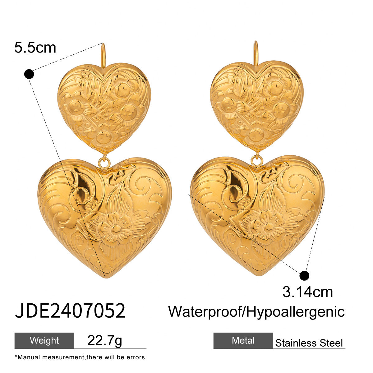 Vintage Heart & Floral Texture Wavy Earrings