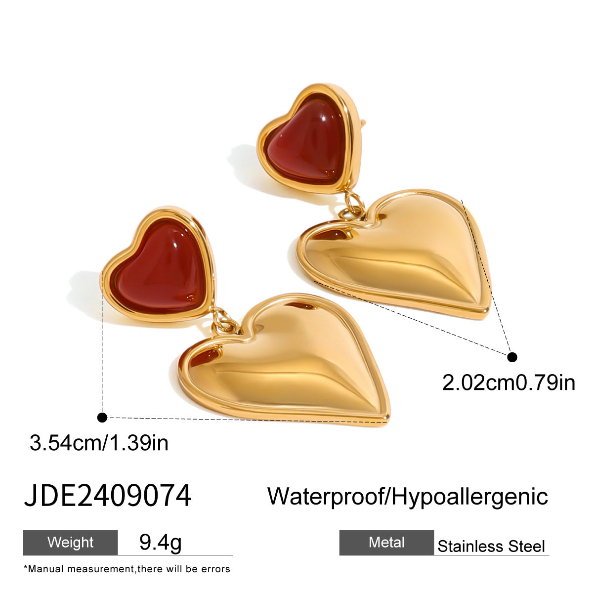 Red Agate Heart Stud Earrings