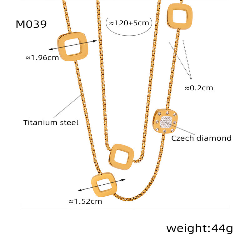 Hollow Zircon Square Pendant Long Necklace