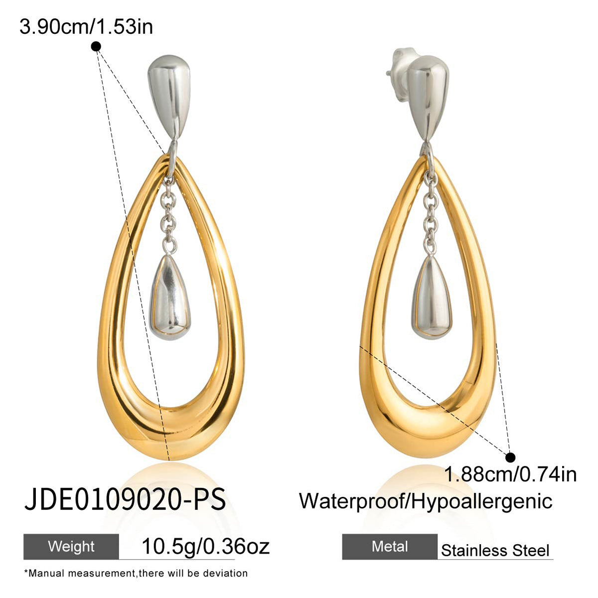 Two-tone stainless steel teardrop earrings