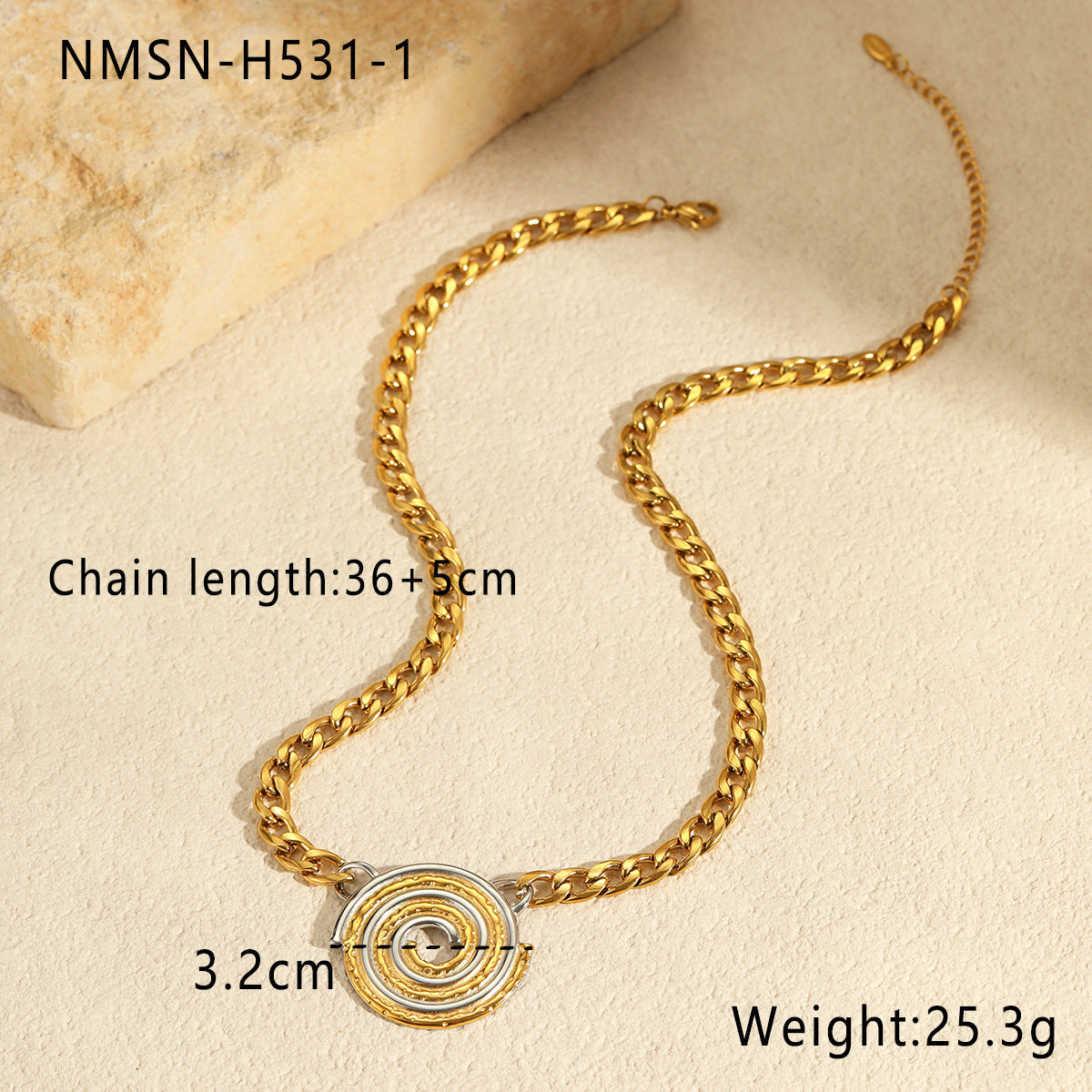 Two-tone textured disc pendant stainless steel necklace